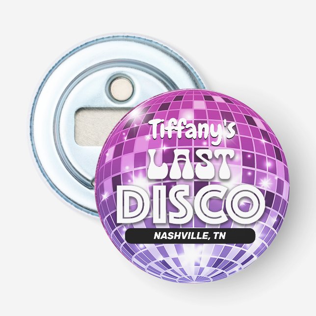 Pink Purple Last Disco Bachelorette Party Bottle Opener (Front)