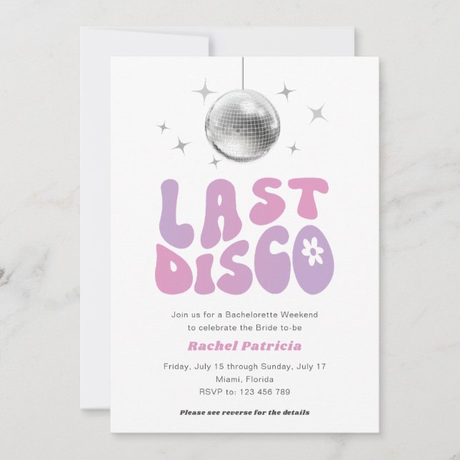 Pink purple last disco, modern retro bachelorette  invitation (Front)