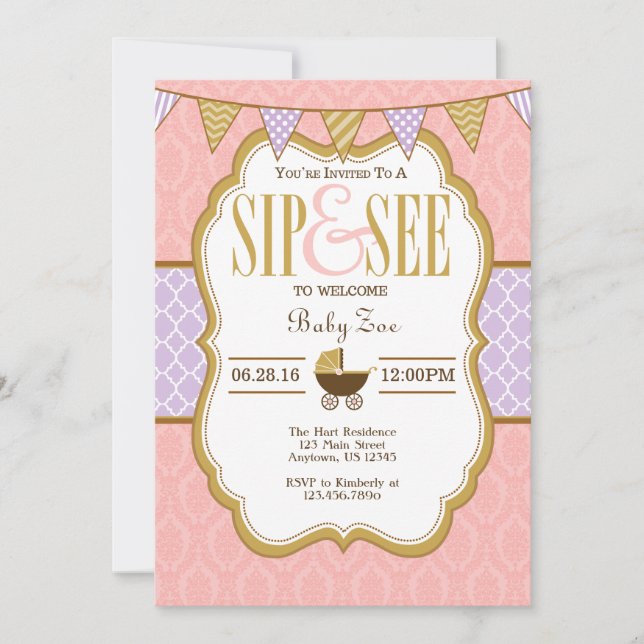 Pink Purple Lavender Gold Sip And See Invitation (Front)