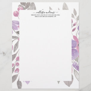 Pink Purple Light Sage Green Floral Watercolor Custom Letterhead