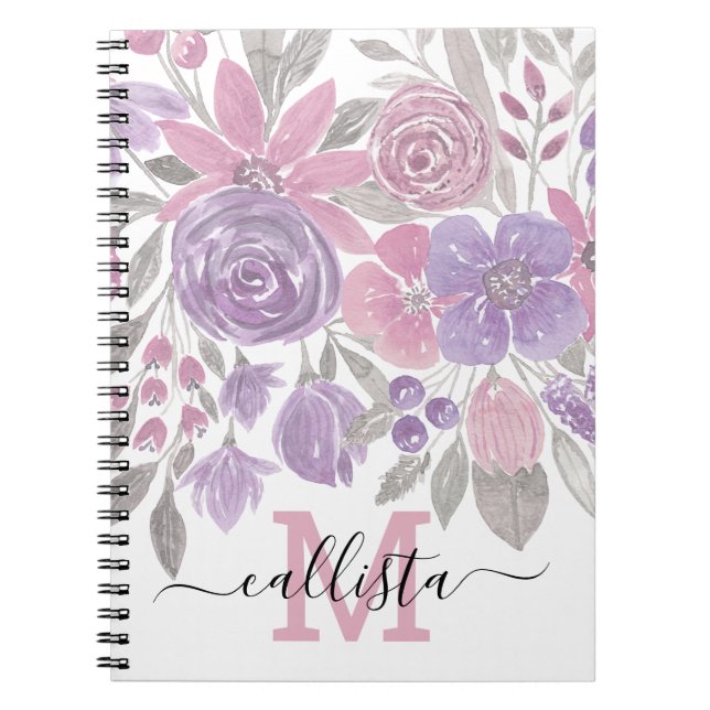 Pink Purple Light Sage Green Floral Watercolor Notebook (Front)
