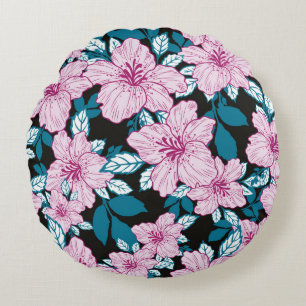 pink purple lily flower blue leaf black background round cushion