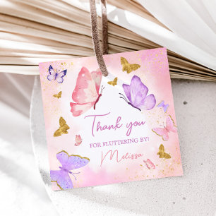 Pink Purple Little Butterfly Birthday Party Square Favour Tags