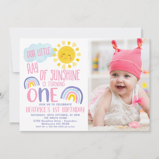 Pink Purple Little Ray Of Sunshine 1st Birthday Invitation (Front)
