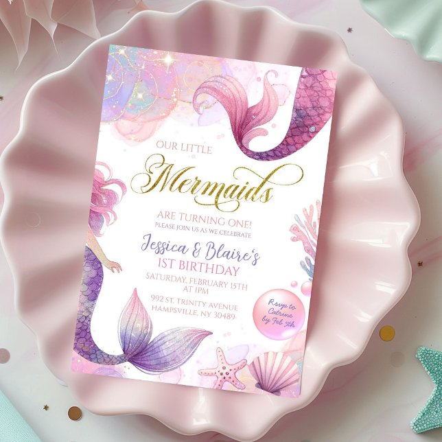 Pink Purple Little Two Mermaids Twins Birthday  Invitation (Creator Uploaded)