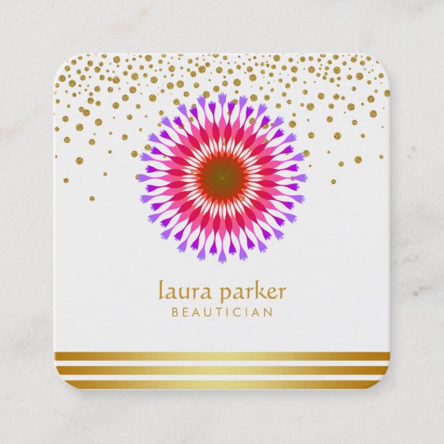 Pink Purple Lotus Flower Confetti Yoga Meditation Square Business Card (Front)