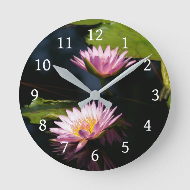 Pink Purple Lotus Waterlilies Round Clock (Front)