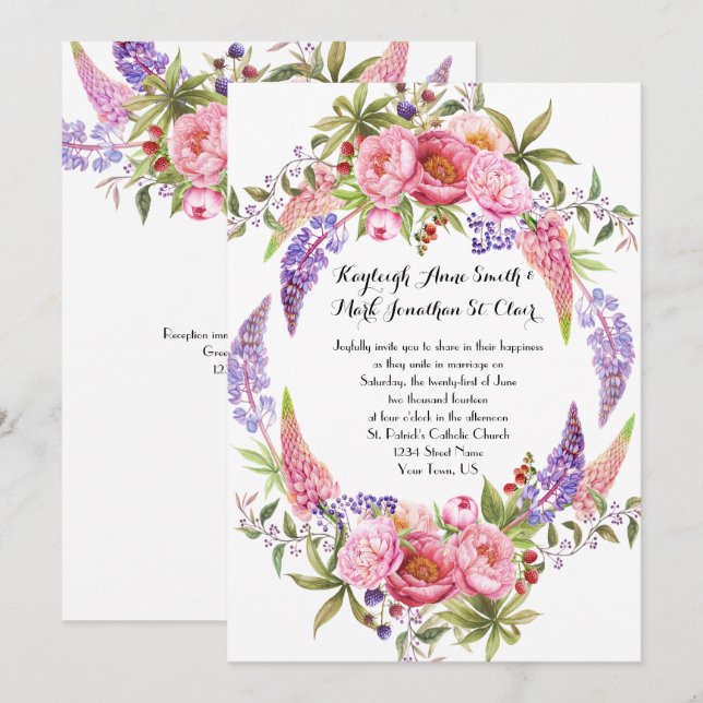 Pink Purple Lupines Peonies Watercolor Weddings Invitation (Front/Back)