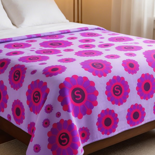 Pink Purple Magenta Floral Initial Fleece Blanket (Bold floral blanket with initials adds charm. custom letter.)