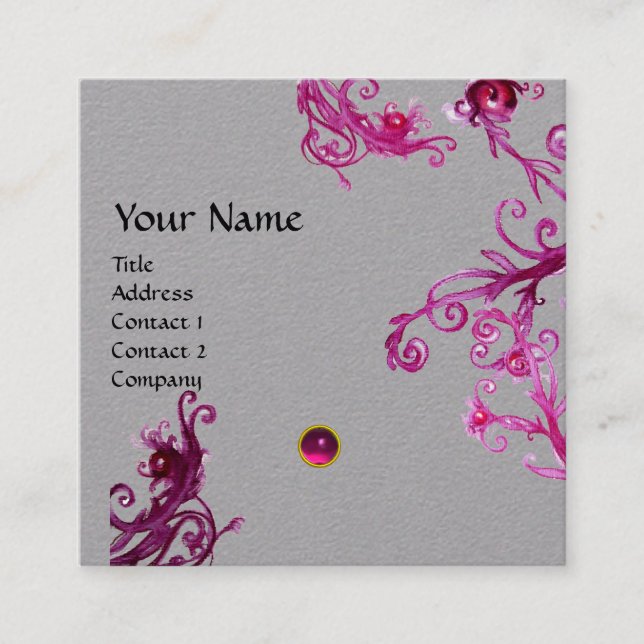 PINK PURPLE MAGIC BERRIES GEMSTONE MONOGRAM Grey Square Business Card (Front)