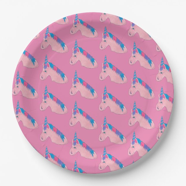 Pink Purple Magical Horse Unicorn Birthday Party Paper Plate (Front)