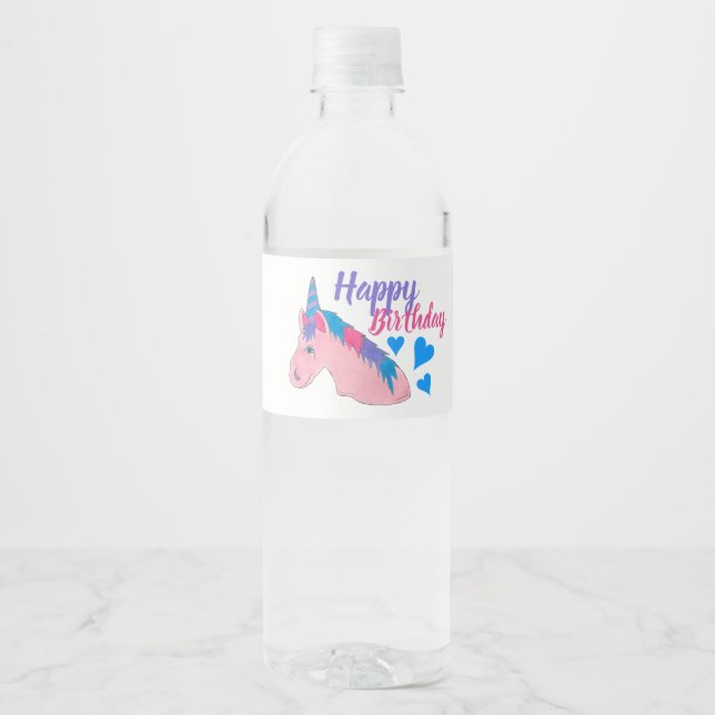 Pink Purple Magical Horse Unicorn Birthday Party Water Bottle Label (Front)