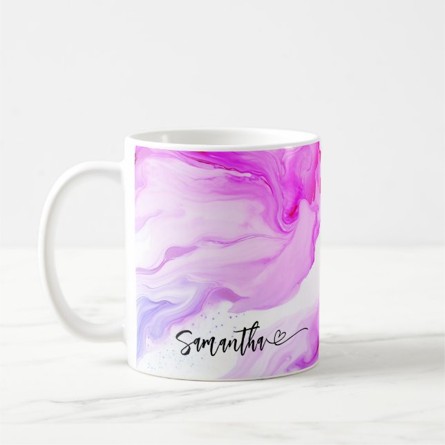 Pink Purple Marble Personalised Flowing Name Heart Coffee Mug (Left)