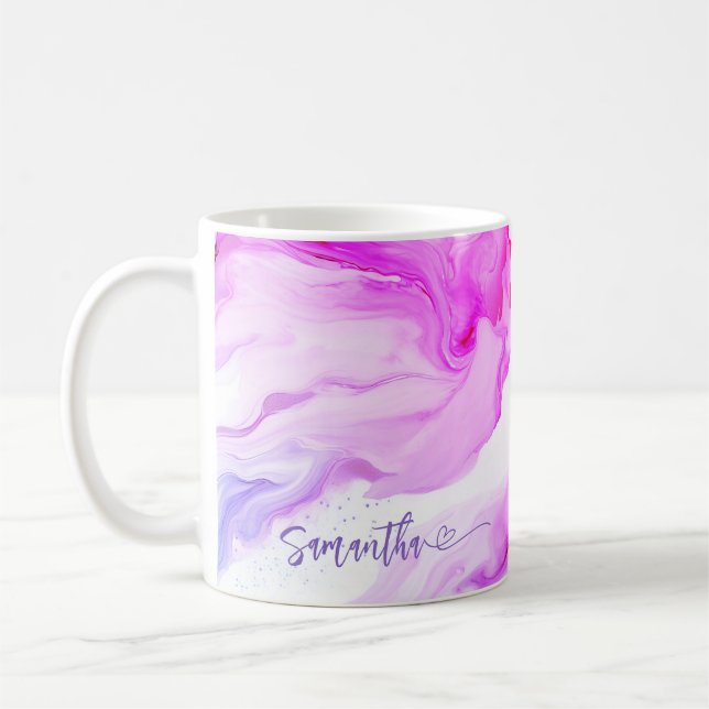 Pink Purple Marble Personalised Flowing Name Heart Coffee Mug (Left)