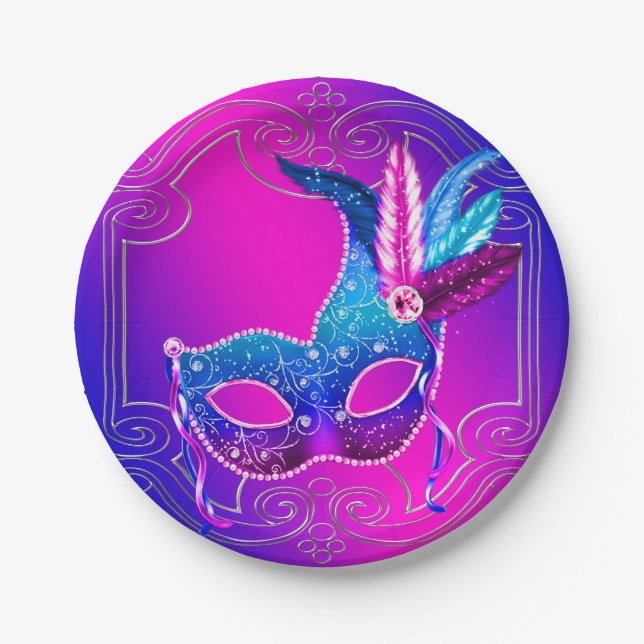 Pink Purple Masquerade Party Paper Plate (Front)
