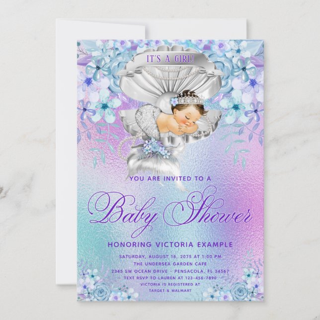 Pink Purple Mermaid Baby Shower Invitations (Front)
