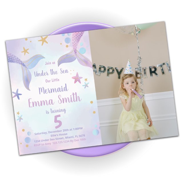 Pink Purple Mermaid Birthday Invitations W Photo (Creator Uploaded)