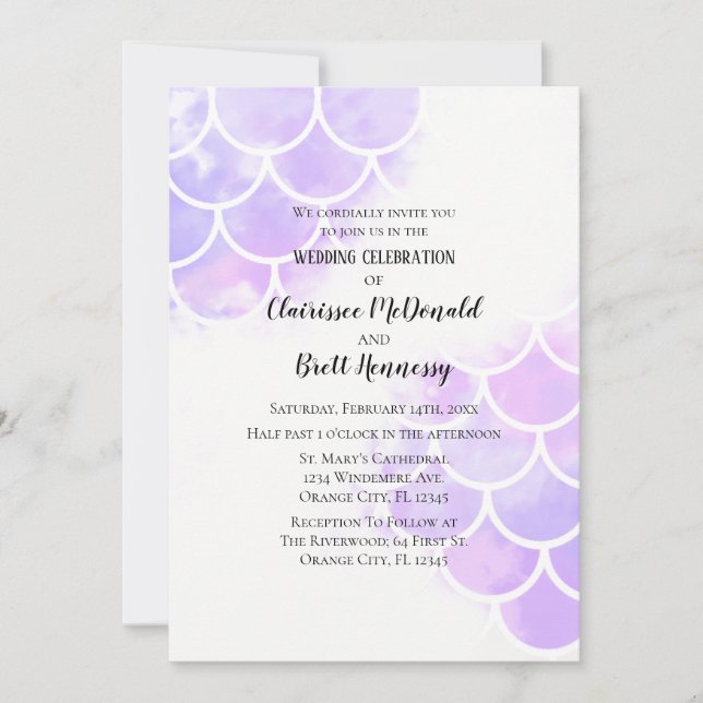 Pink & Purple Mermaid Inspired Wedding Invitation (Front)