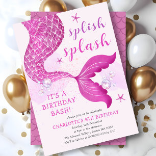 Pink Purple Mermaid Tail Birthday  Invitation