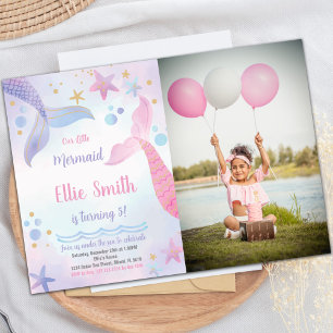 Pink & Purple Mermaid Tails Invitations with photo