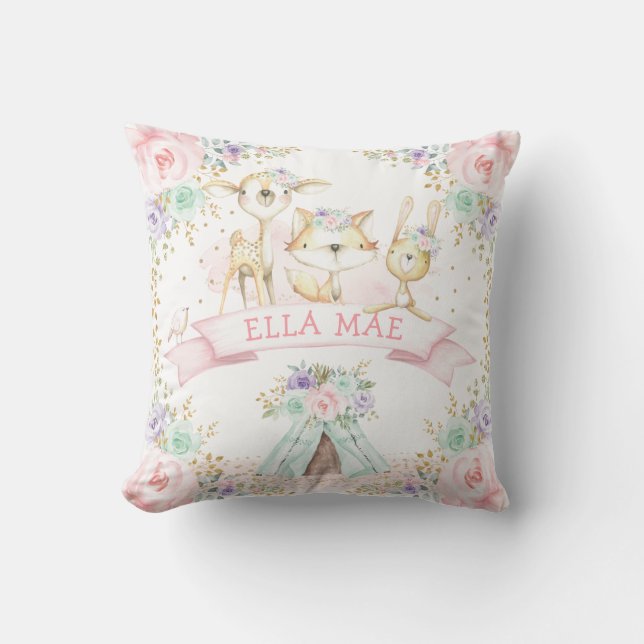 Pink Purple Mint Floral Tribal Woodland Animals Cushion (Front)