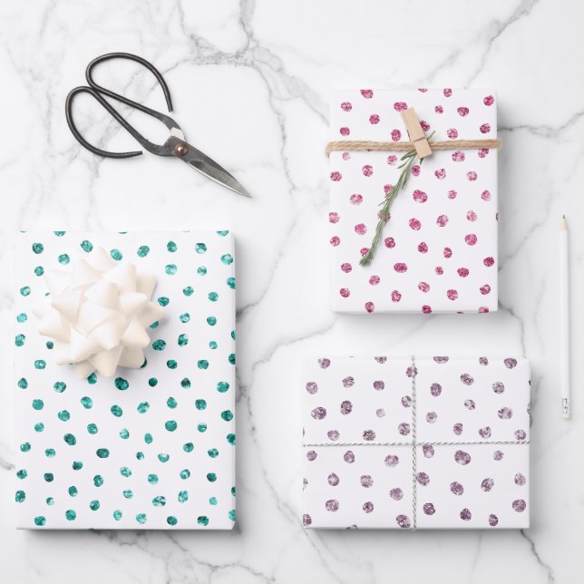 Pink Purple Mint Glitter Dots Birthday Wrapping Paper Sheet (Front)