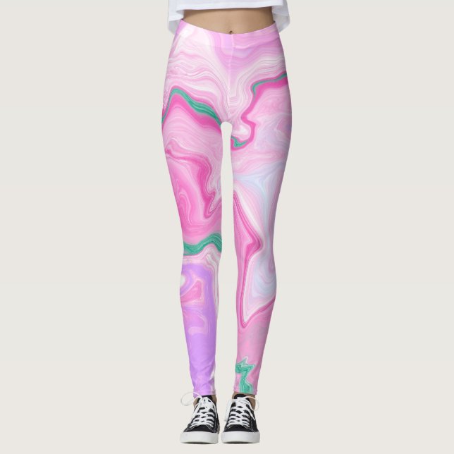  Pink, Purple, Mint Green Marble Art  Leggings (Front)