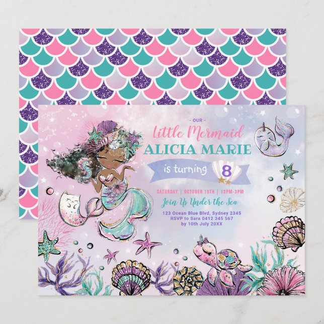 Pink Purple Mint Mermaid Under the Sea Birthday Invitation (Front/Back)