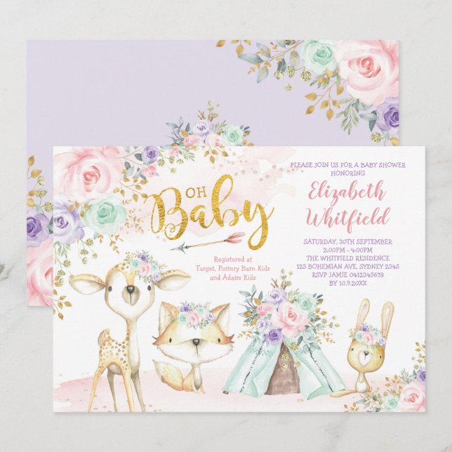 Pink Purple Mint Tribal Woodland Baby Shower Invitation (Front/Back)