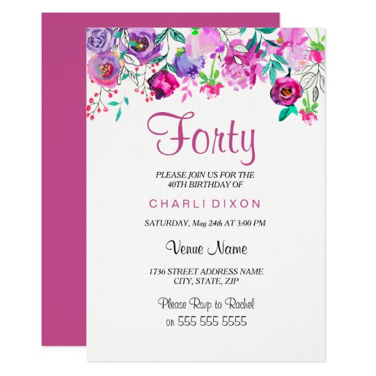 Pink Purple Mint Watercolor Flowers 40th Birthday Card