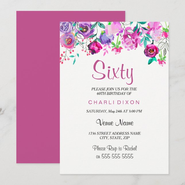 Pink Purple Mint Watercolor Flowers 60th Birthday Invitation (Front/Back)