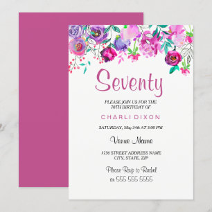 Pink Purple Mint Watercolor Flowers 70th Birthday Invitation