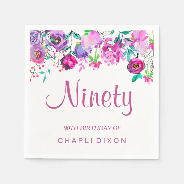 Pink Purple Mint Watercolor Flowers 90th Birthday Napkin (Front)