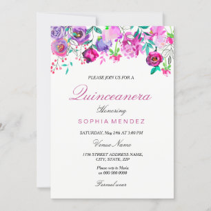 Pink Purple Mint Watercolor Flowers Quinceanera Invitation