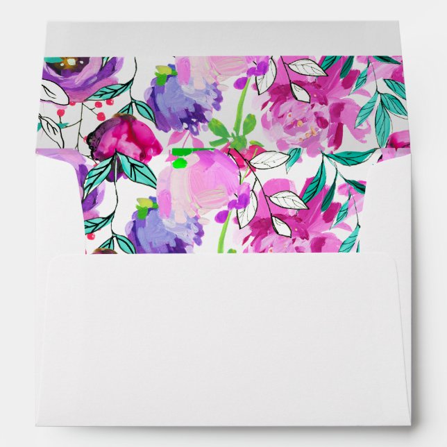 Pink, purple, & mint Watercolor Flowers Wedding Envelope (Back (Bottom))