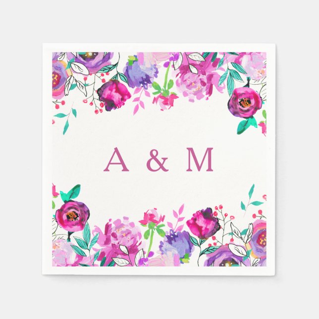Pink Purple Mint Watercolor Flowers Wedding Napkin (Front)