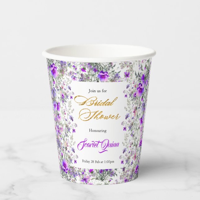  pink-purple modern wildflower bridal shower paper cups (Front)