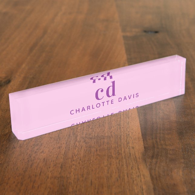 Pink purple monogram initials name  nameplate (Side)