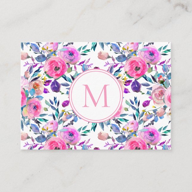 Pink Purple Monogram Watercolor Flowers Business Card (Front)