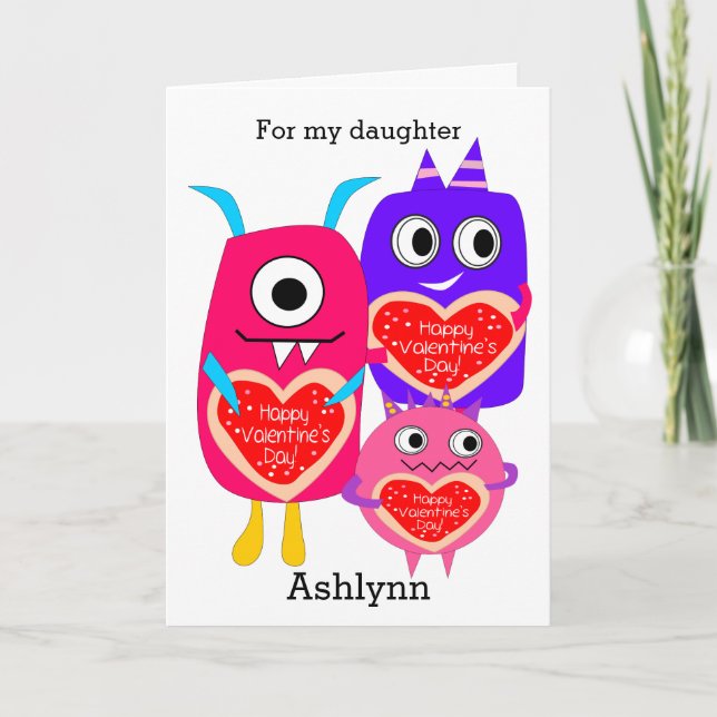 Pink Purple Monster Happy Valentine's Day Daughter Holiday Card (Front)