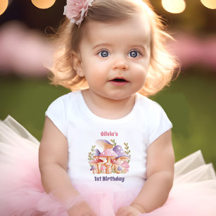 Pink Purple Mushrooms Fall 1st Birthday Baby Girl Baby T-Shirt