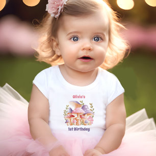Pink Purple Mushrooms Fall 1st Birthday Baby Girl T-Shirt