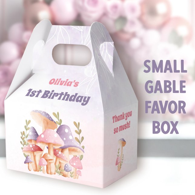Pink Purple Mushrooms Fall 1st Birthday Gable Favour Box (Mushrooms Small Gable Favor Boxes - You can choose from 3 sizes of these gable favor boxes)
