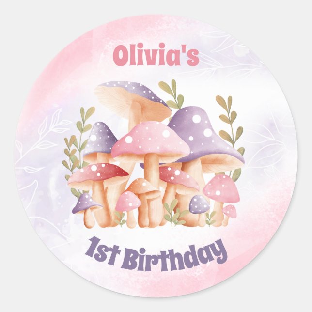 Pink Purple Mushrooms Fall 1st Birthday Stickers (Front)