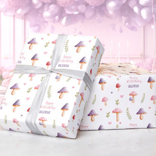 Pink Purple Mushrooms Fall Name Wrapping Paper