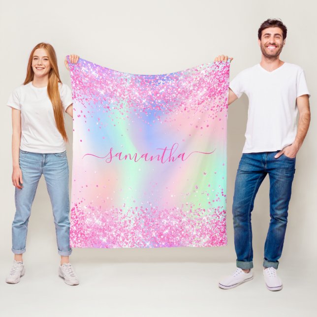 Pink purple name script holographic girl fleece blanket (In Situ)