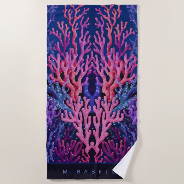Pink & Purple Ocean Coral Personalised Beach Towel (Front)