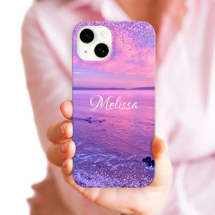 Pink Purple Ocean Sunset Girly Glam Confetti Name iPhone 15 Case