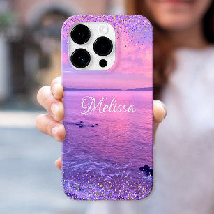 Pink Purple Ocean Sunset Girly Glam Confetti Name iPhone 15 Pro Case
