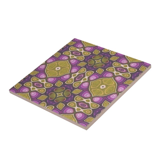 Pink Purple Ochre Olive Green Ethnic Tribe Art Tile (Side)